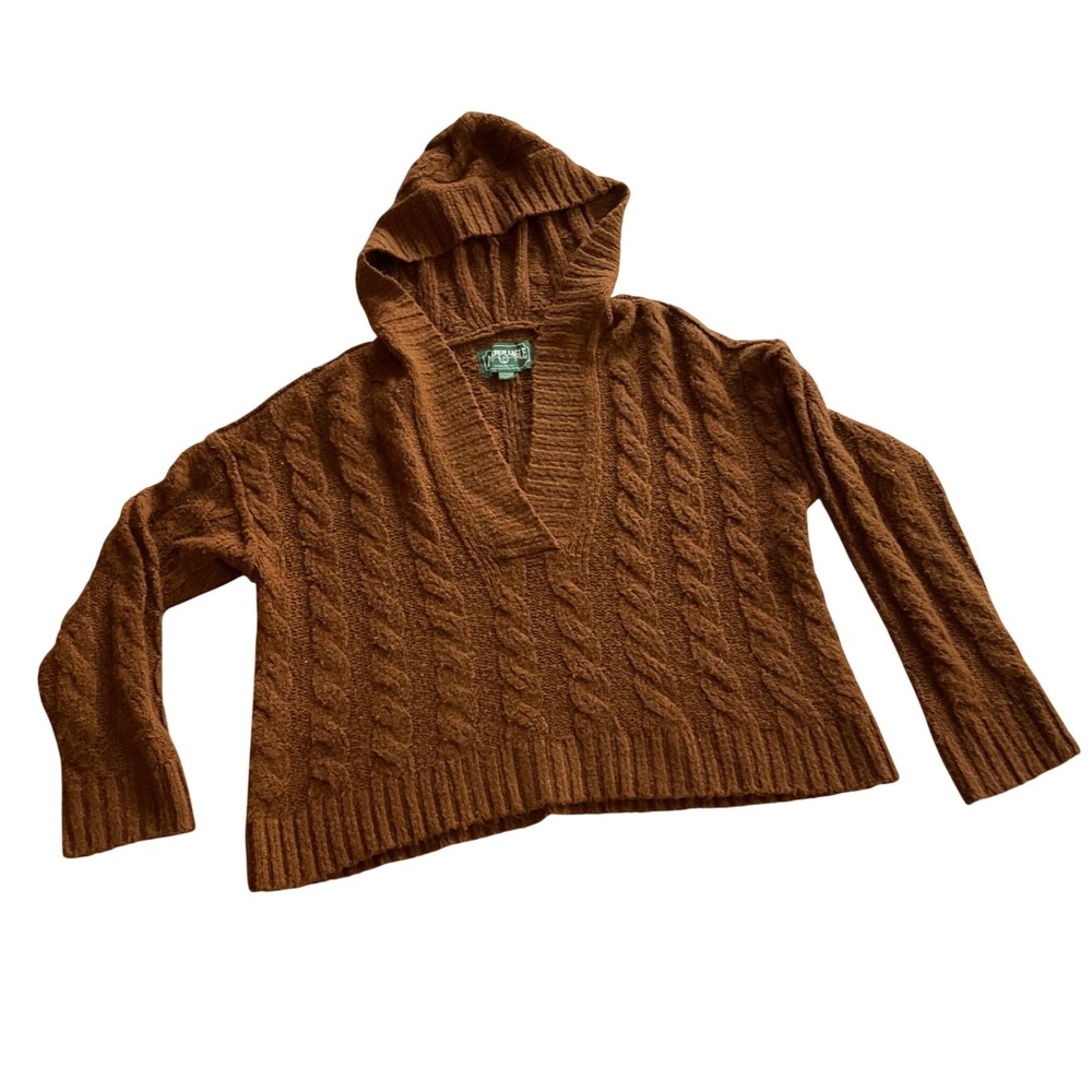 American Eagle Vintage Cable Knit Hoodie Brown V Neck Pullover Sweater Women's X